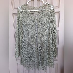 Lace Kimono Top SzXL Sage Grn Intricate Lace Single Button Lng Sleeve Tunic